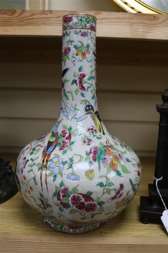 A Chinese famille rose crackleglaze vase and a Jun type vase tallest 34cm